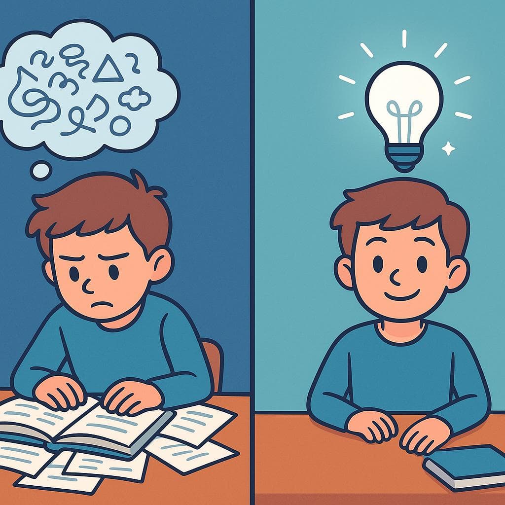 Split-screen comparing estudiar (the process of reading) vs. aprender (the result of having an idea).