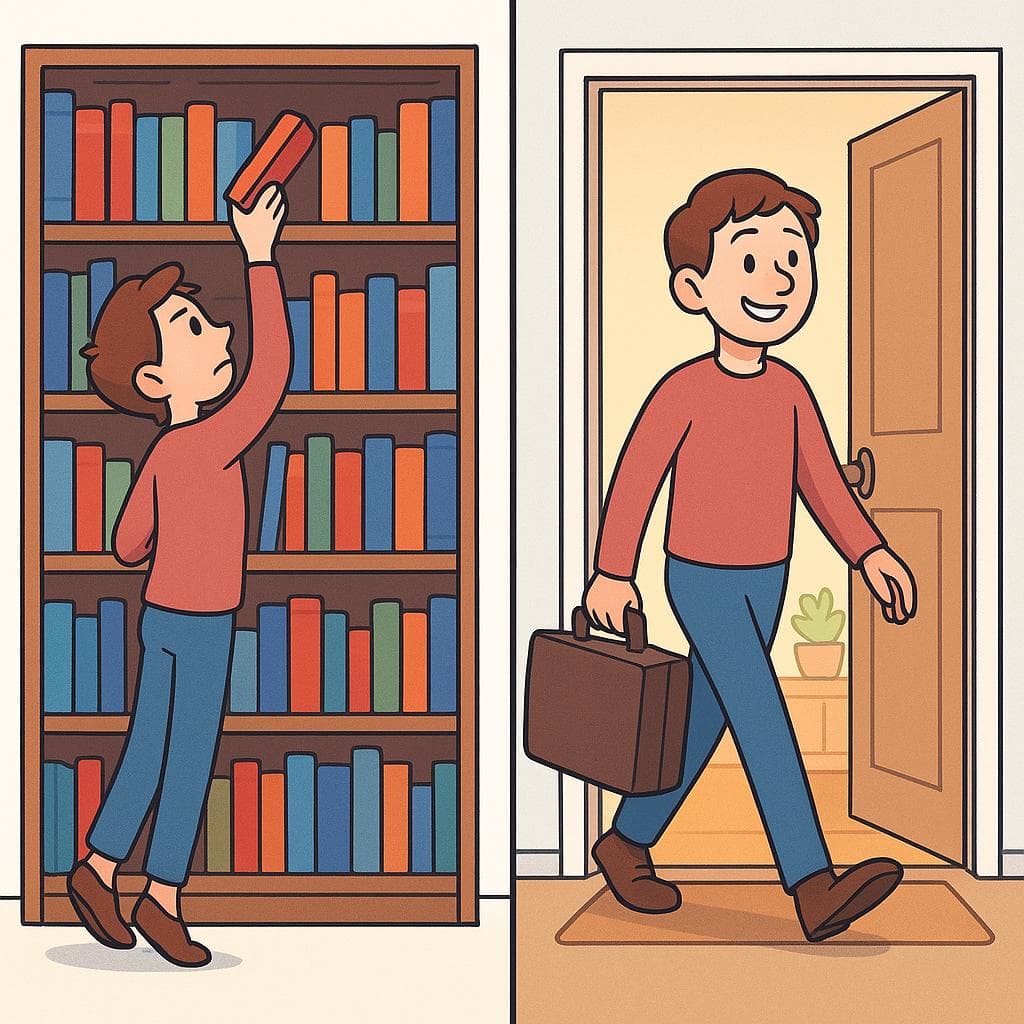 Split-screen showing a person stretching to reach a book on a high shelf (alcanzar) versus a person walking through a doorway with luggage (llegar).