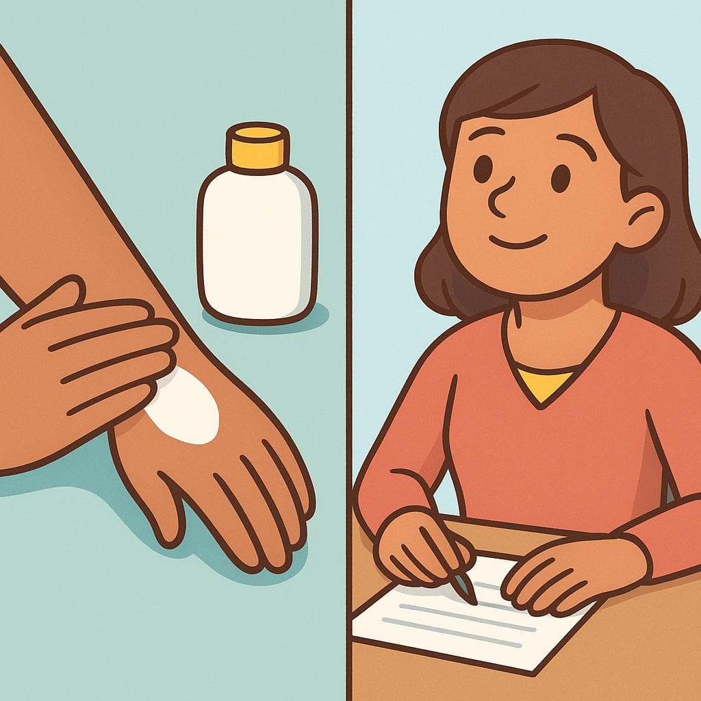 Split-screen showing the difference between aplicar (putting on cream) and solicitar (filling out a job application).