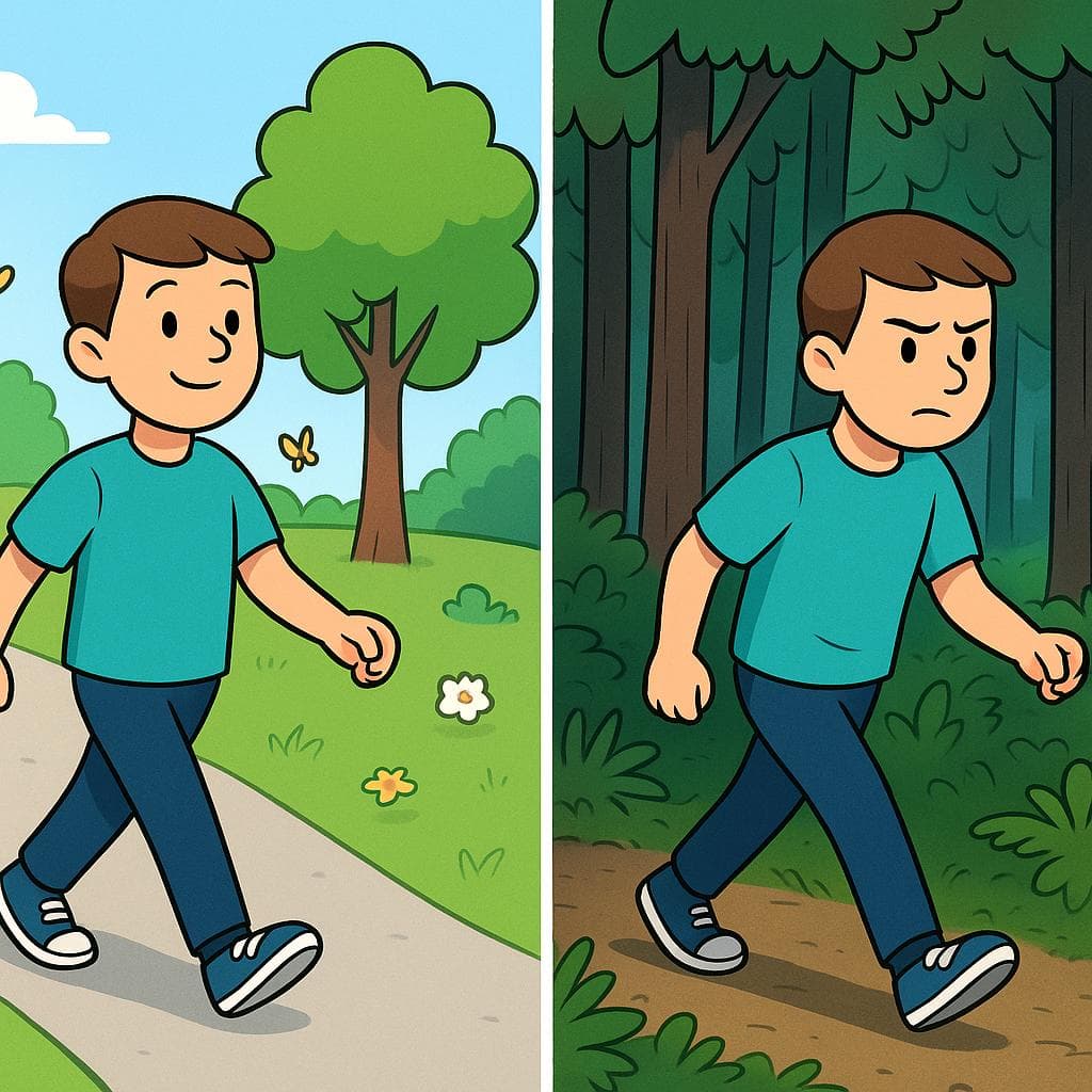 Podzielony ekran pokazujący 'por' (wędrówka ścieżką) vs 'a través de' (przechodzenie prosto przez przeszkodę).