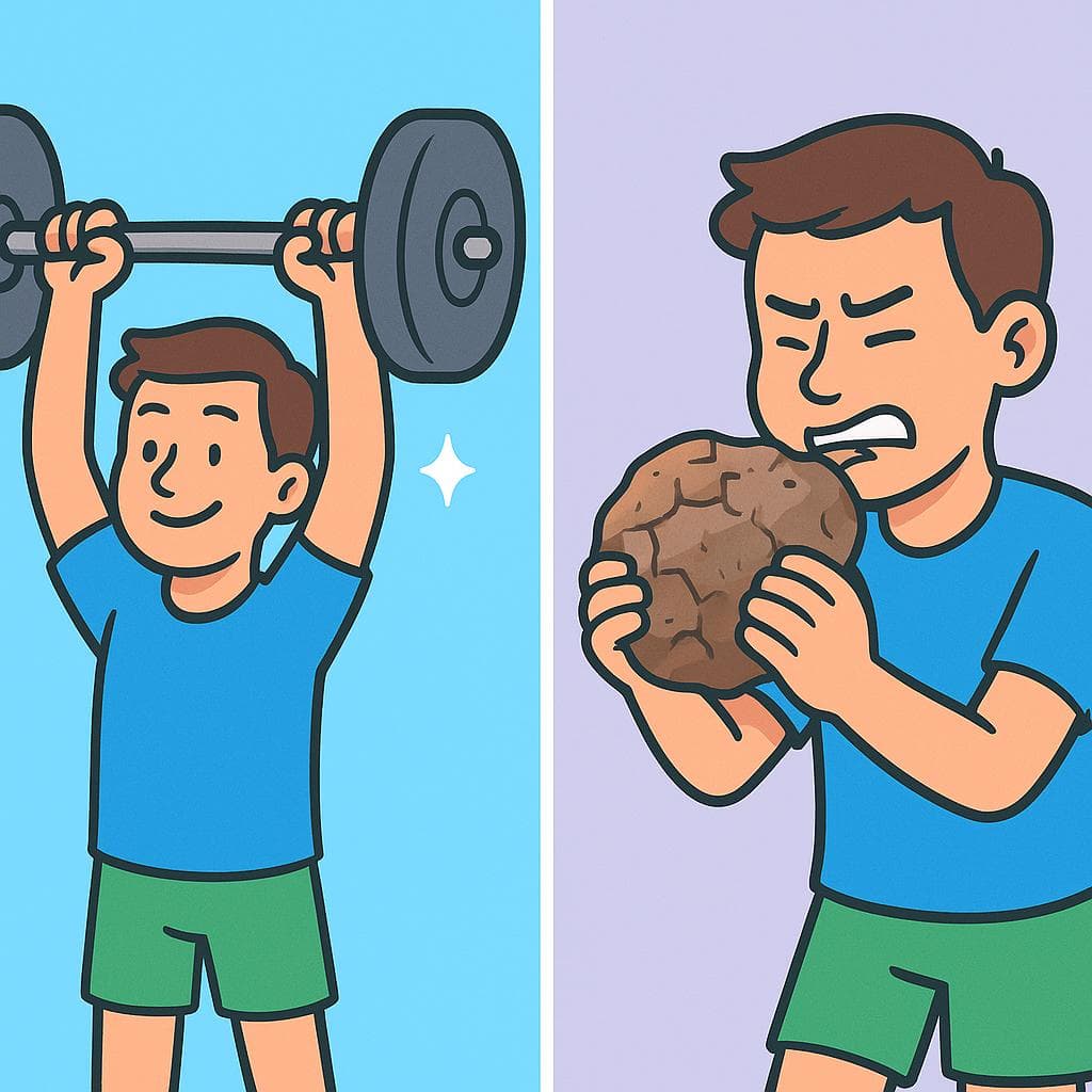 Split-screen showing fuerte (a weightlifter) vs duro (a person trying to bite into rock-hard bread).