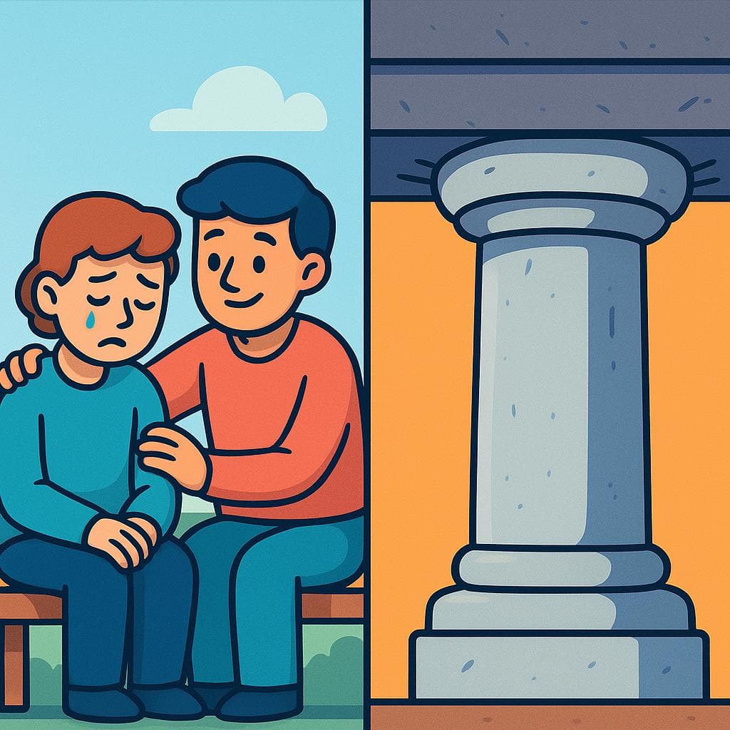 Split-screen showing a friend giving emotional support (apoyar) vs. a column holding up a roof (soportar).