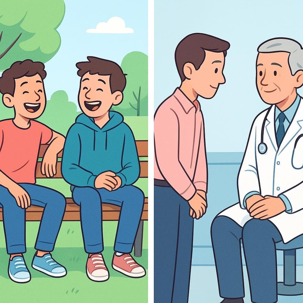 Split-screen comparing an informal 'tú' conversation between friends and a formal 'usted' interaction with a doctor.