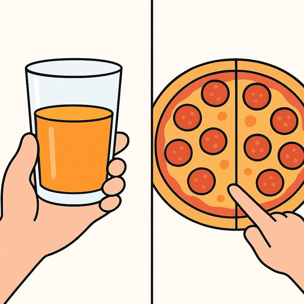 Split-screen showing medio (half a thing) vs mitad (the half of a thing).