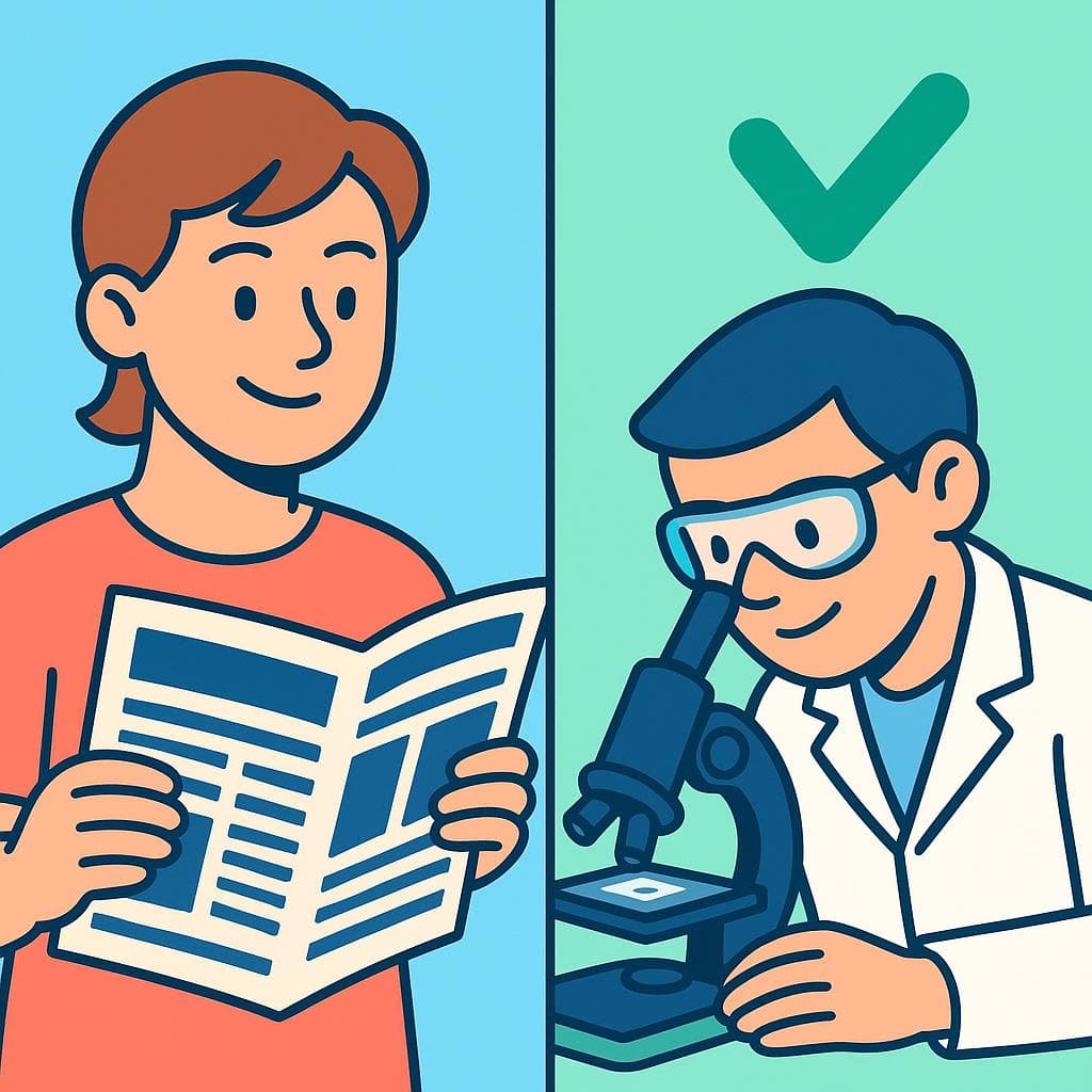 Split-screen contrasting 'cierto' (a person reading a confirmed news report) with 'verdadero' (a scientist verifying a fact with a microscope).