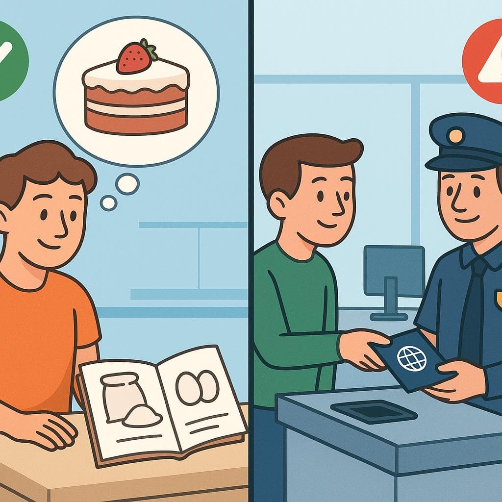 Split-screen showing a practical need (necesario) versus a formal rule (obligatorio).