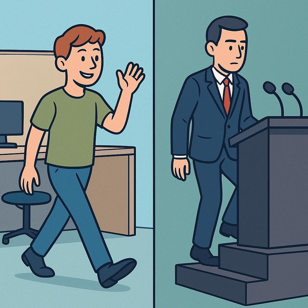 Split-screen comparing renunciar (a person leaving a regular office job) vs dimitir (a politician leaving a podium).