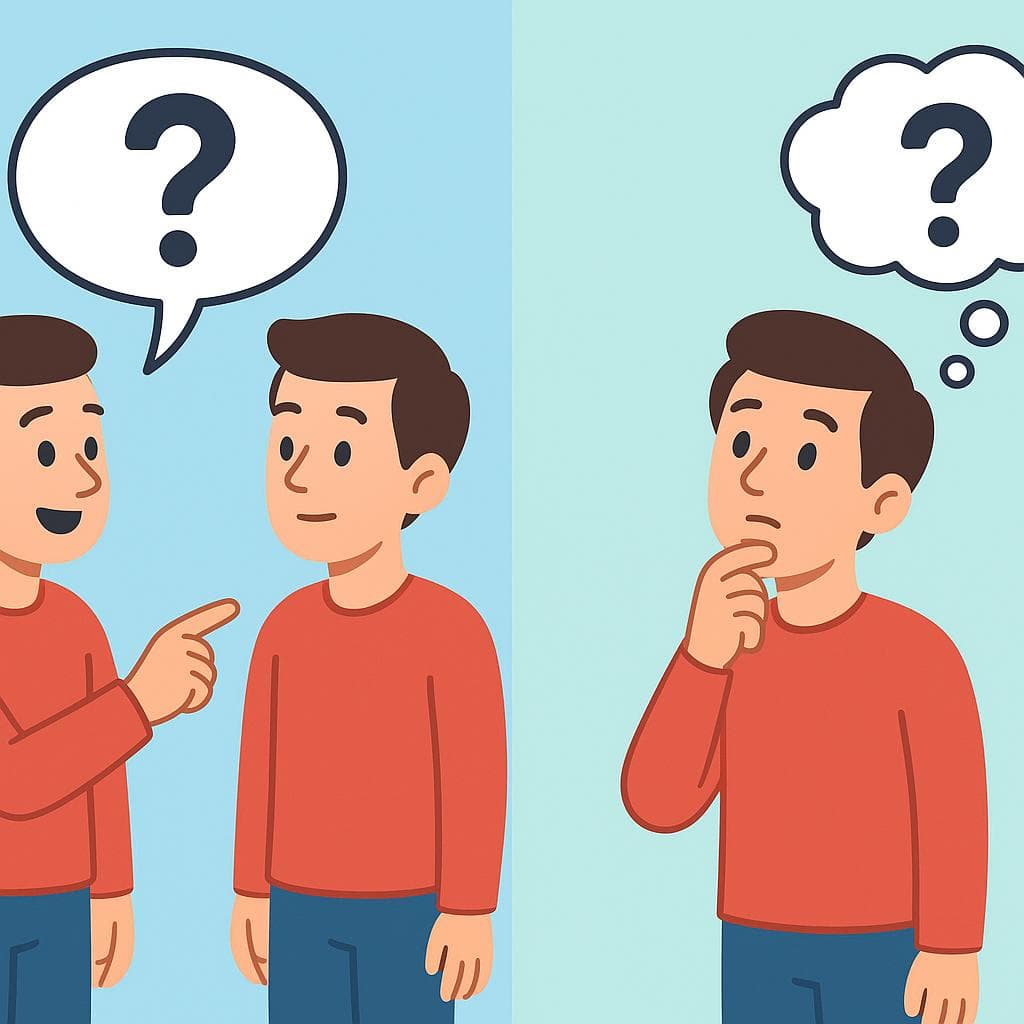 Split-screen showing preguntar (asking someone) vs. preguntarse (wondering).