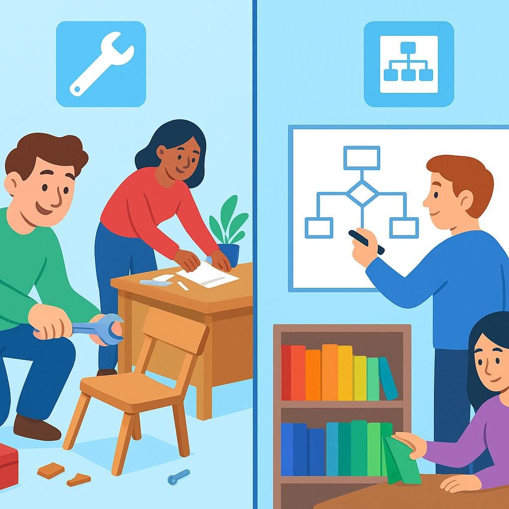 'arreglar'(고치고 정리하기) 대 'organizar'(계획하고 구조화하기)를 보여주는 분할 화면.