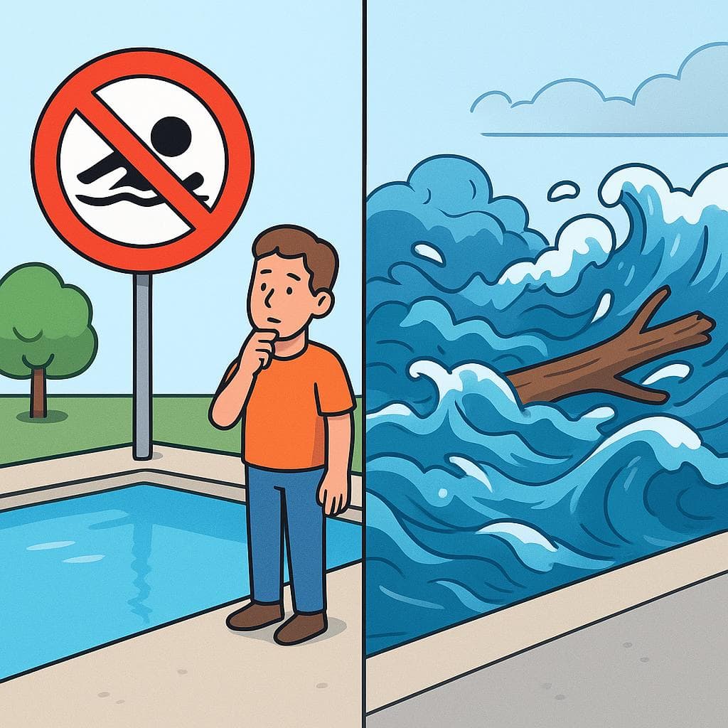 A split-screen showing the difference between a rule (prohibir) and a physical barrier (impedir).