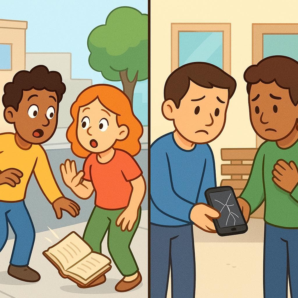 Disculpar는 사소한 사고에, perdonar는 용서가 필요한 심각한 실수에 사용됨을 보여주는 분할 화면.