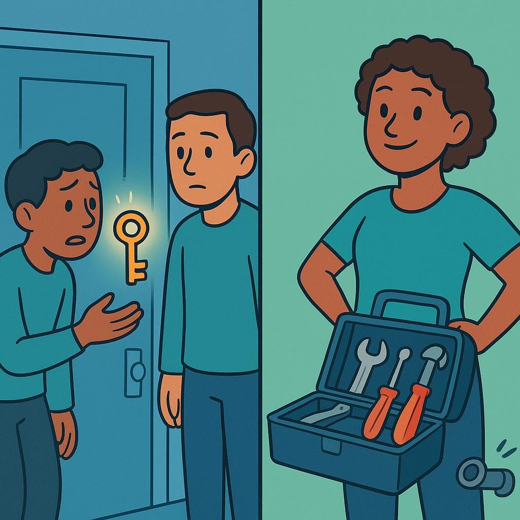 Split-screen showing a person needing a key (depender de) vs a person holding a tool (contar con).