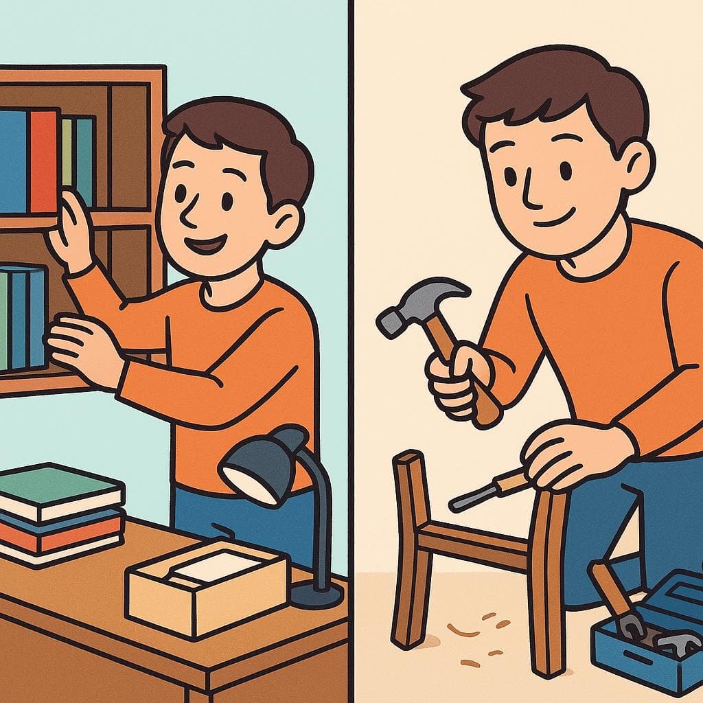 'arreglar'(어질러진 방 정리)과 'reparar'(도구를 사용하여 부서진 의자 수리)를 보여주는 분할 화면.