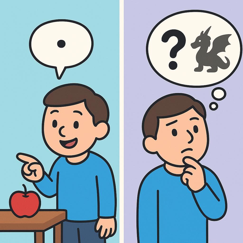 Split-screen showing 'hay' (pointing at a simple object) vs 'existir' (thinking about an abstract concept).