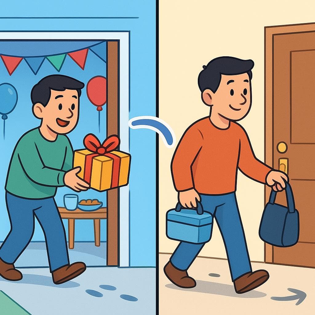 Split-screen showing a person bringing a gift to a party (traer) versus taking a lunchbox from home (llevar).