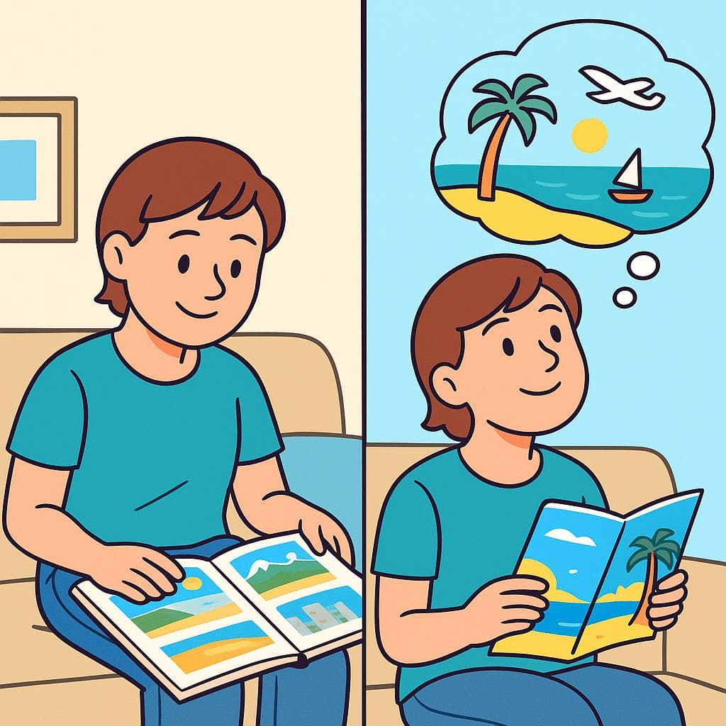 A split screen showing a person looking at a photo album for past events (indicative) versus looking at a travel brochure for future plans (subjunctive).