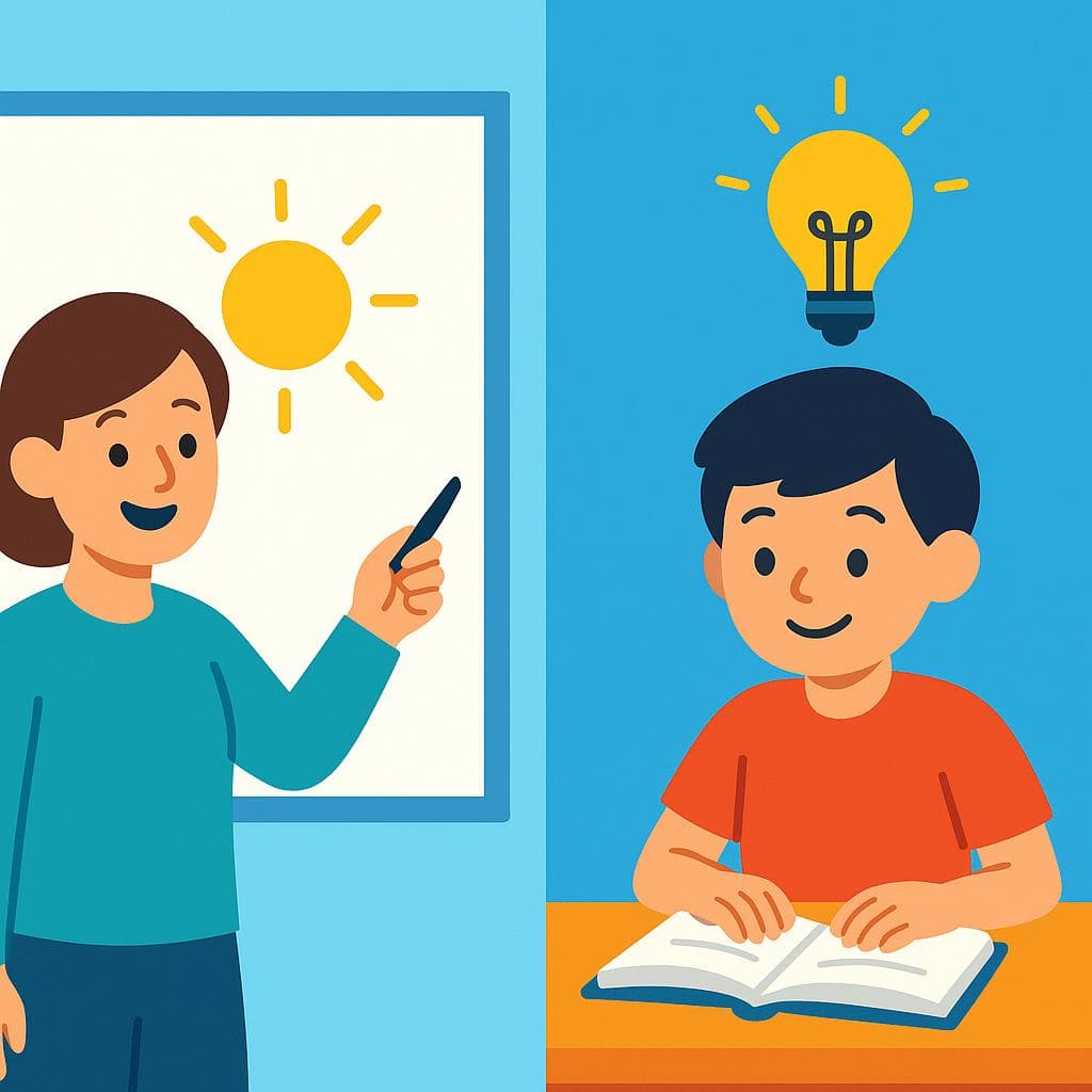 Split-screen cartoon showing a teacher pointing to a board (enseñar) and a student looking at a book with a lightbulb over their head (aprender).
