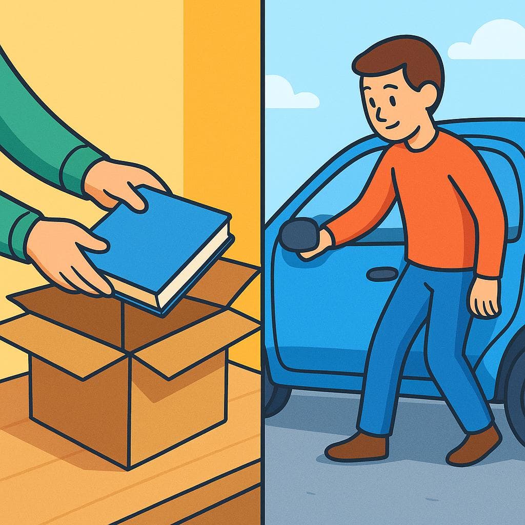 Split-screen showing meter (putting an object in a box) vs meterse (a person getting into a car).