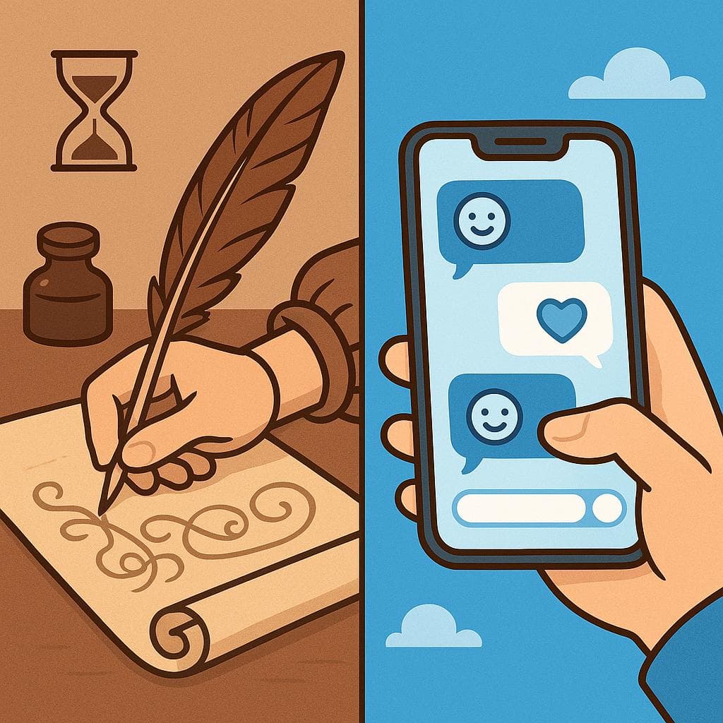 Split-screen comparing future subjunctive (old legal scroll) vs. present subjunctive (modern text message).