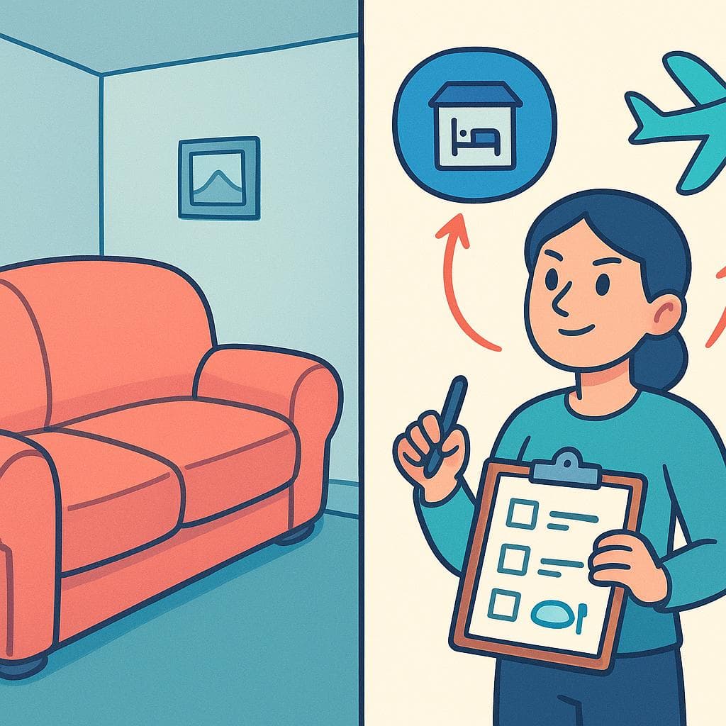 A split-screen showing 'ocupar' (a large sofa filling a room) vs. 'ocuparse' (a person managing a to-do list).