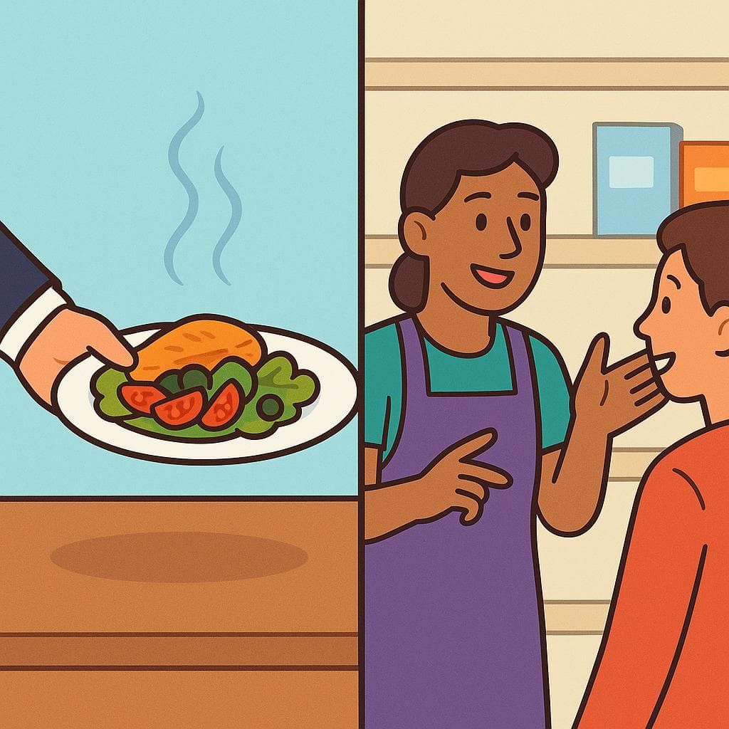 Split-screen showing servir (providing a thing) vs atender (giving attention to a person).