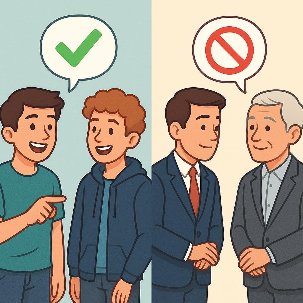 비격식 대 격식 상황에서 명령법과 접속법 명령의 차이를 보여주는 화면 분할.