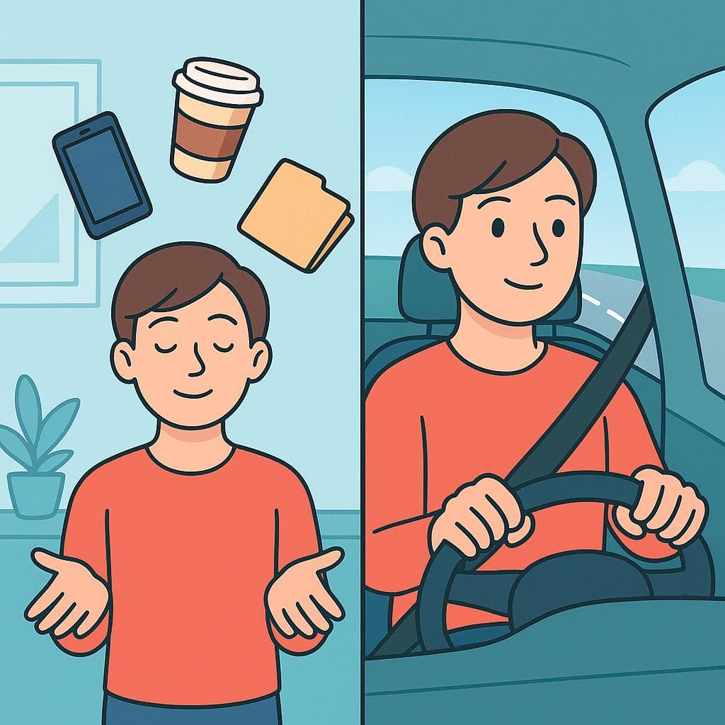 Split-screen showing manejar (a person juggling items) vs conducir (a person driving a car).