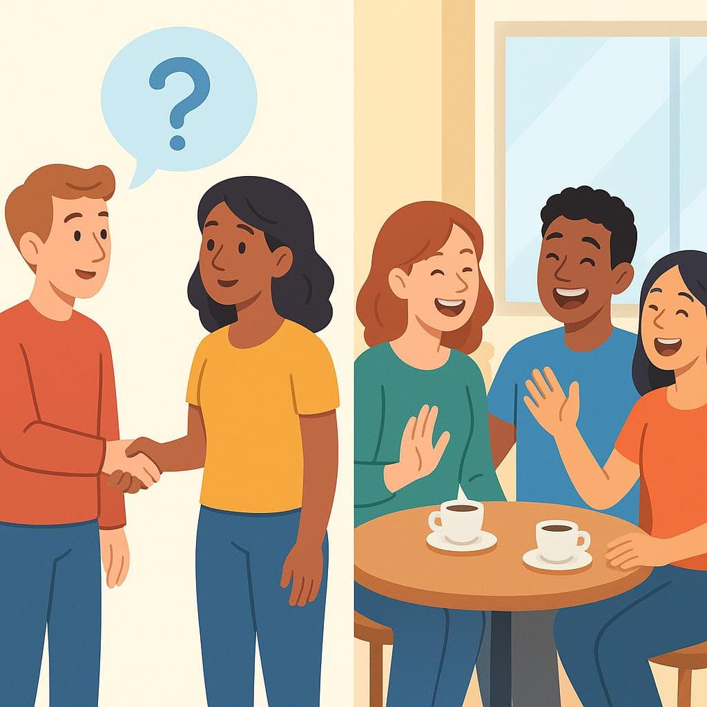 Split-screen showing conocer (meeting for the first time) vs reunirse (meeting up).