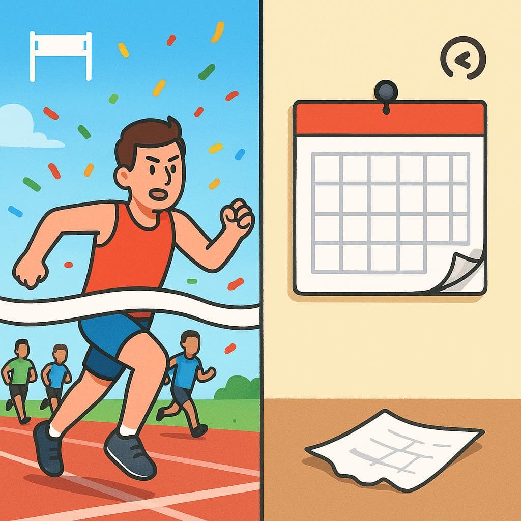 Split-screen showing 'último' as the last runner crossing a finish line vs 'pasado' as a calendar with last month circled.