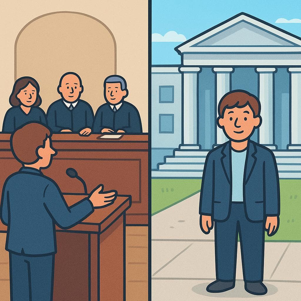 Split-screen showing 'ante' (figuratively before a judge) vs 'delante de' (physically in front of a building).