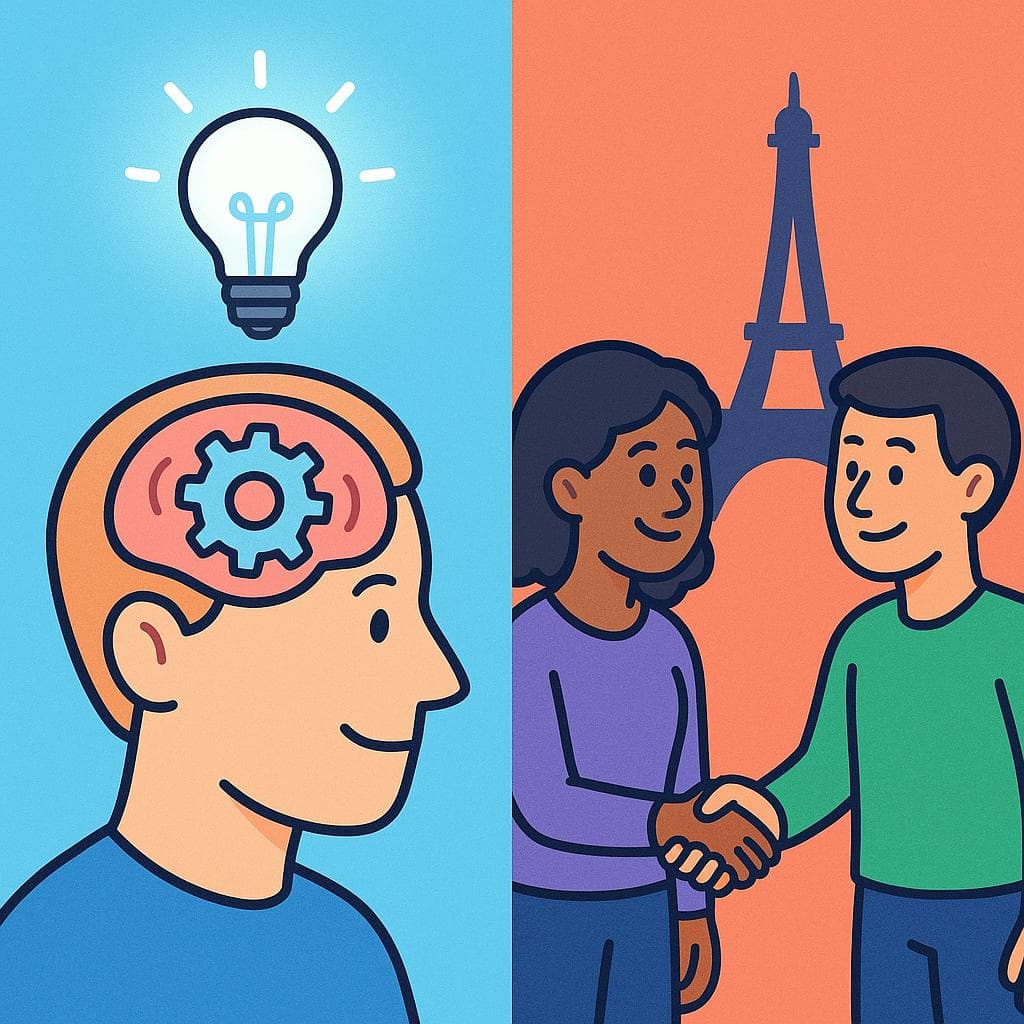 Split-screen showing saber (facts & skills) vs conocer (people & places) with simple visual examples.