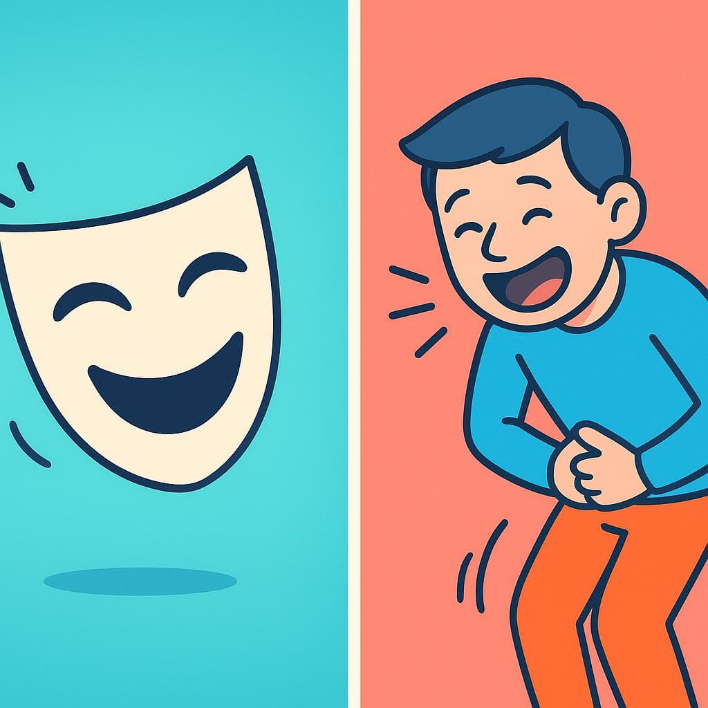 Split-screen showing reír (the abstract idea of laughter) vs. reírse (a person actively laughing out loud).