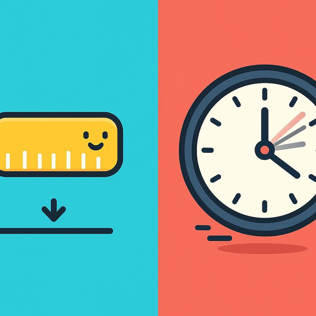 A split-screen showing a short ruler (corto) vs a fast-ticking clock (breve).