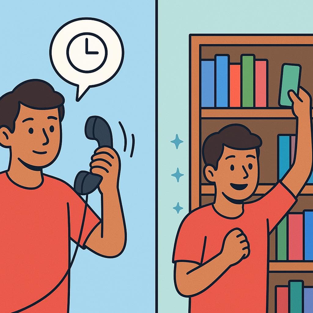 Split-screen showing 'acabar de' as a quick, recent action vs 'terminar de' as the completion of a long task.