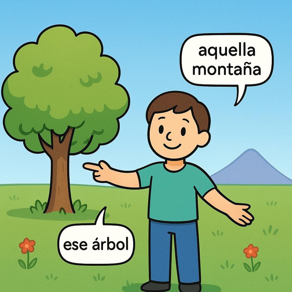 A person pointing to a nearby tree (ese) and a distant mountain (aquella).