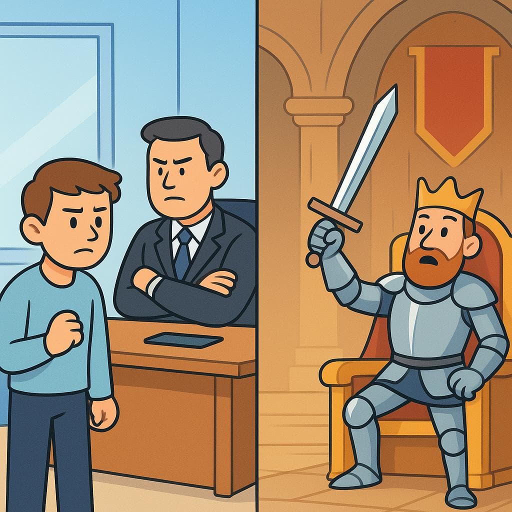 Atreverse (초조하게 연봉 인상을 요청하는 사람) vs Osar (왕에게 도전하는 기사)를 비교하는 분할 화면.