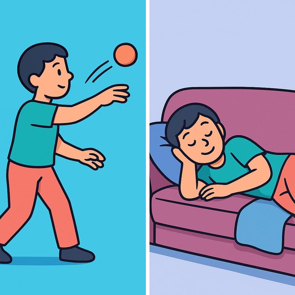 Split-screen comparing 'echar' (throwing a ball) with 'echarse' (lying on a couch).