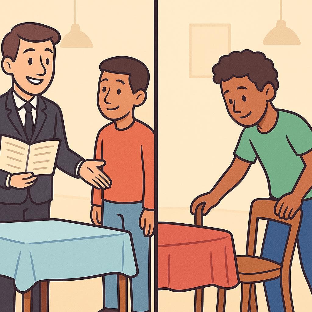 Split-screen cartoon showing the difference between seating someone (sentar) and sitting down (sentarse).