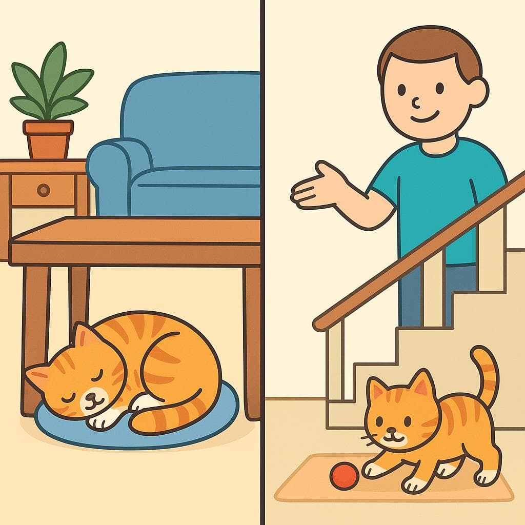 Split-screen showing the difference between 'debajo de' (under an object) and 'abajo' (downstairs).