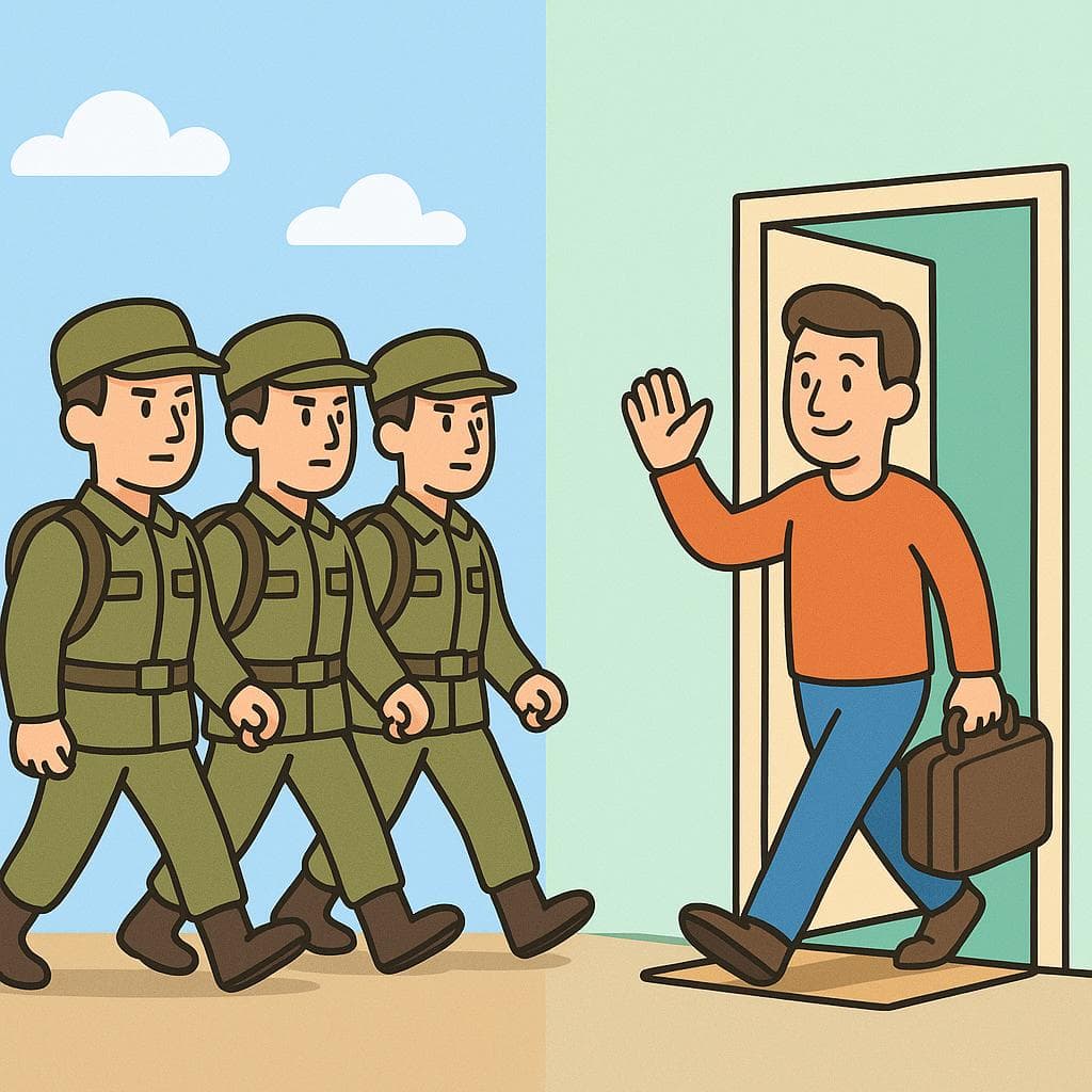 marchar (군인들이 행진하는 모습) 대 marcharse (작별 인사를 하며 떠나는 사람의 모습)를 보여주는 분할 화면.