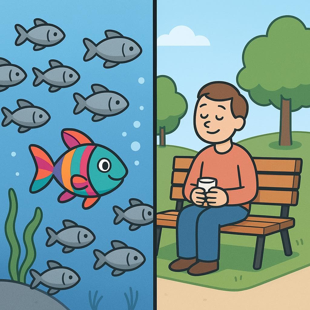 Split-screen showing 'único' (a unique, colorful fish among gray ones) vs 'solo' (a person sitting alone on a bench).