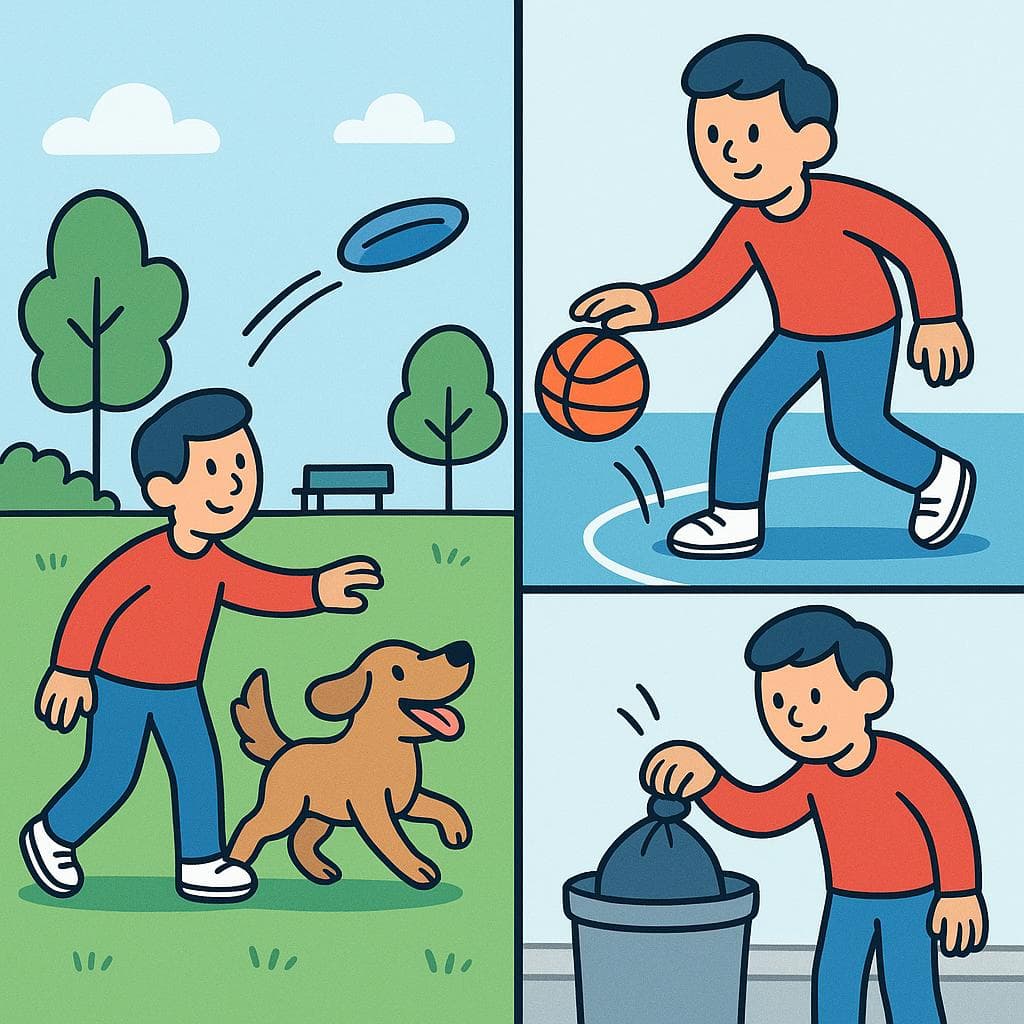 A split-screen showing 'tirar' for throwing a ball to someone, and 'botar' for bouncing a ball or putting trash in a bin.