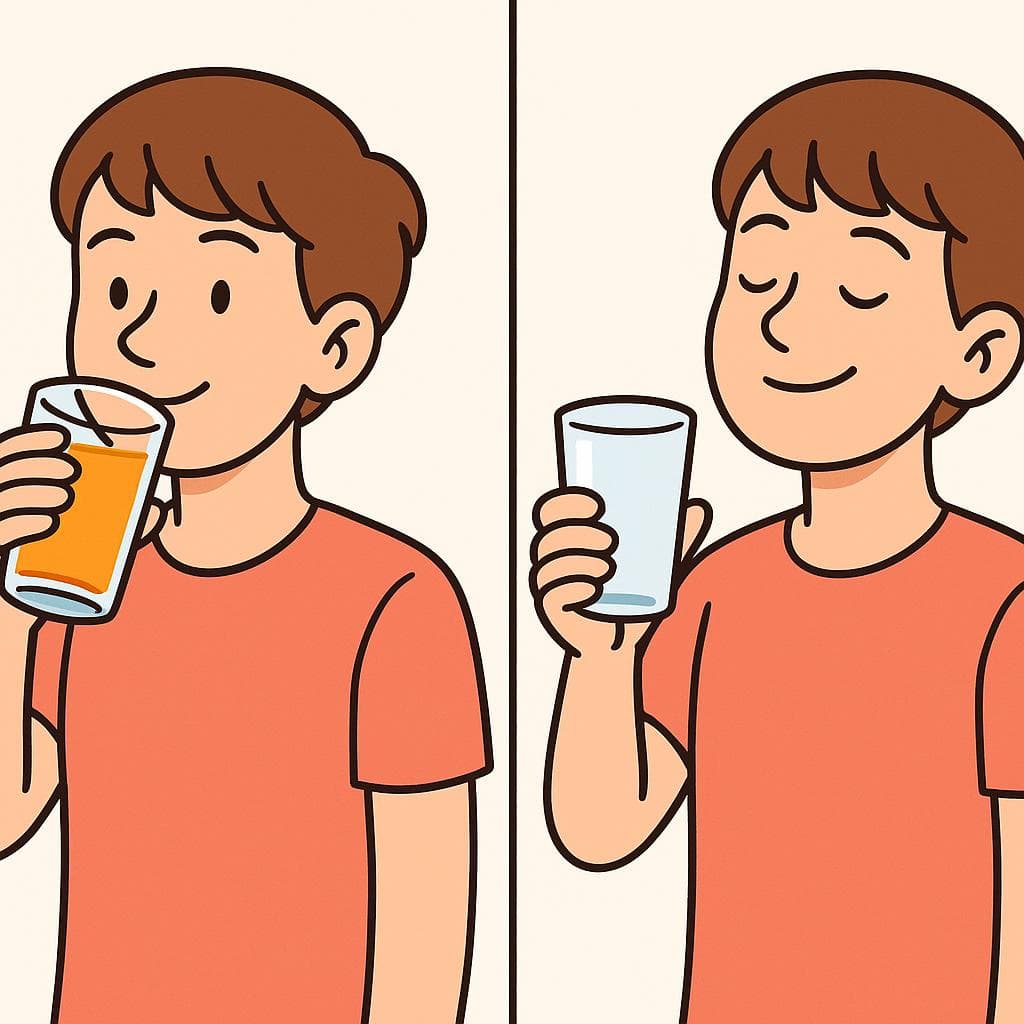 Podzielony ekran pokazujący osobę popijającą pełny napój (beber) kontra trzymającą pustą szklankę (beberse).