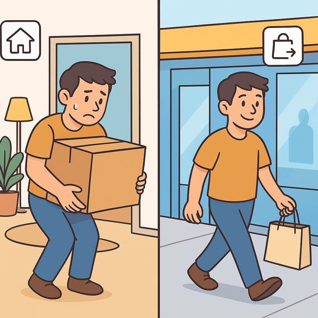 Split-screen contrasting 'llevar' (carrying a box) with 'llevarse' (happily taking a shopping bag from a store).