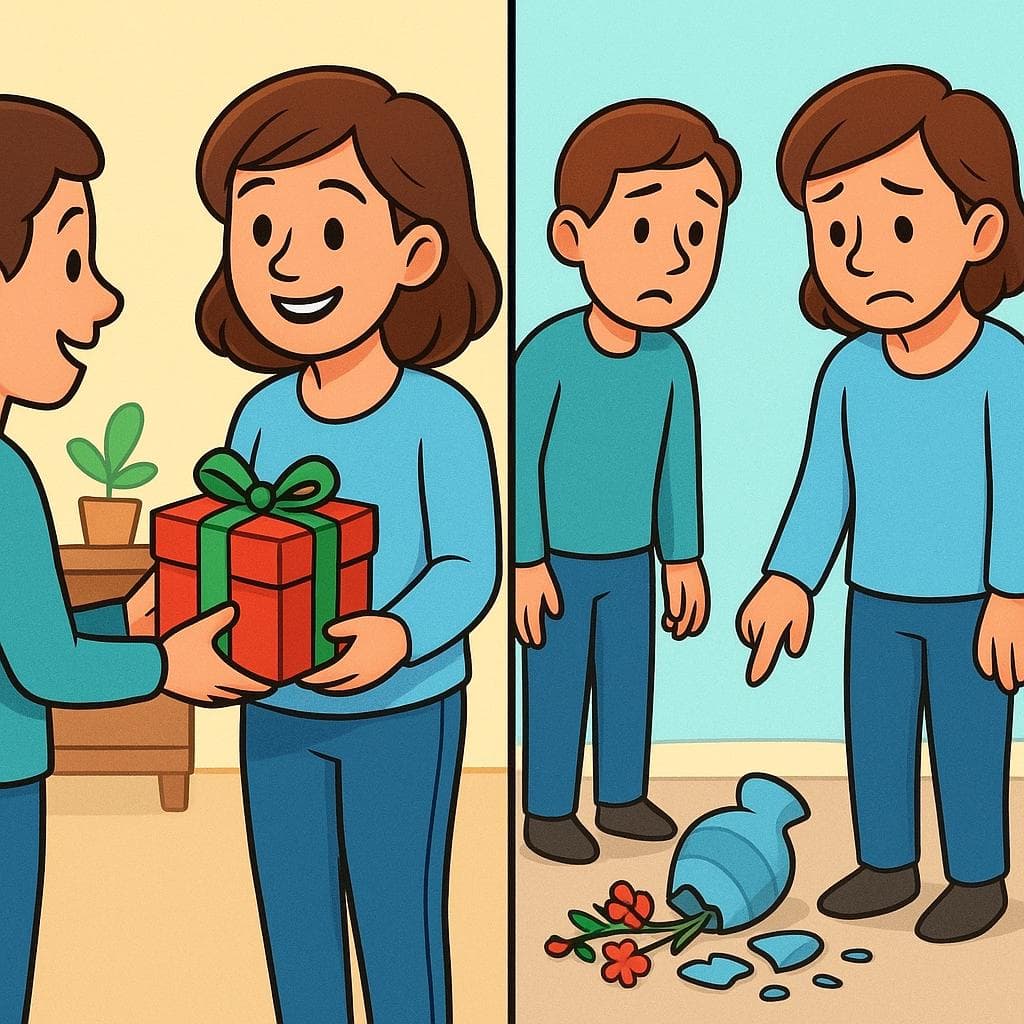 Aceptar (선물을 받는 모습) 대 admitir (실수를 고백하는 모습)을 보여주는 분할 화면.