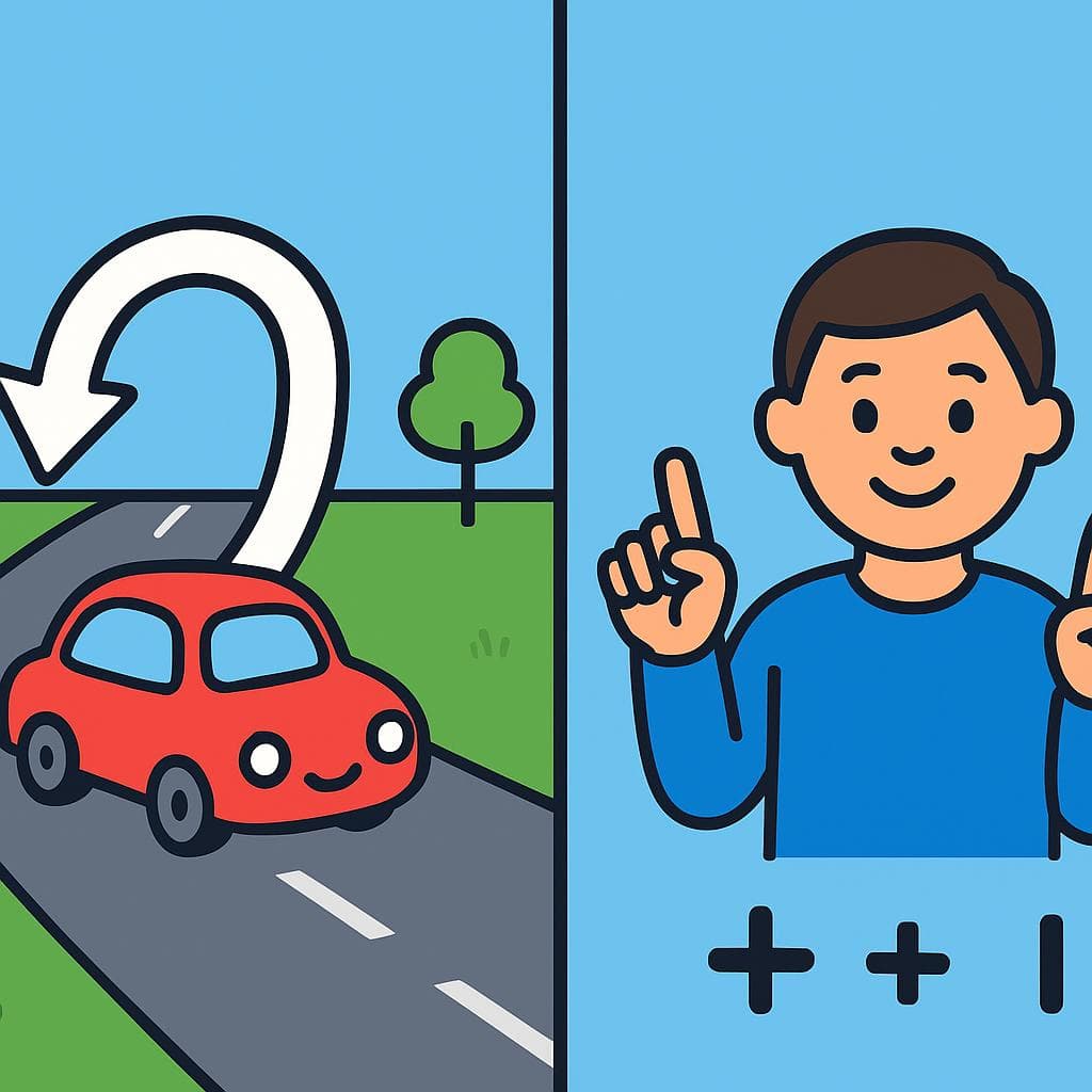 A split-screen showing the concepts of 'volver a' as a U-turn and 'otra vez' as a plus-one sign.