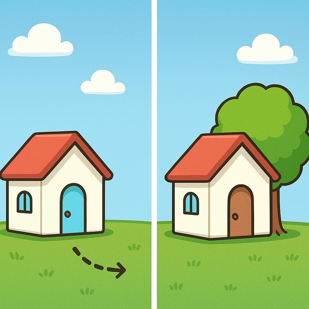 Split-screen visual showing a house 'cerca de' a tree (nearby) versus a house 'junto a' a tree (right next to it).