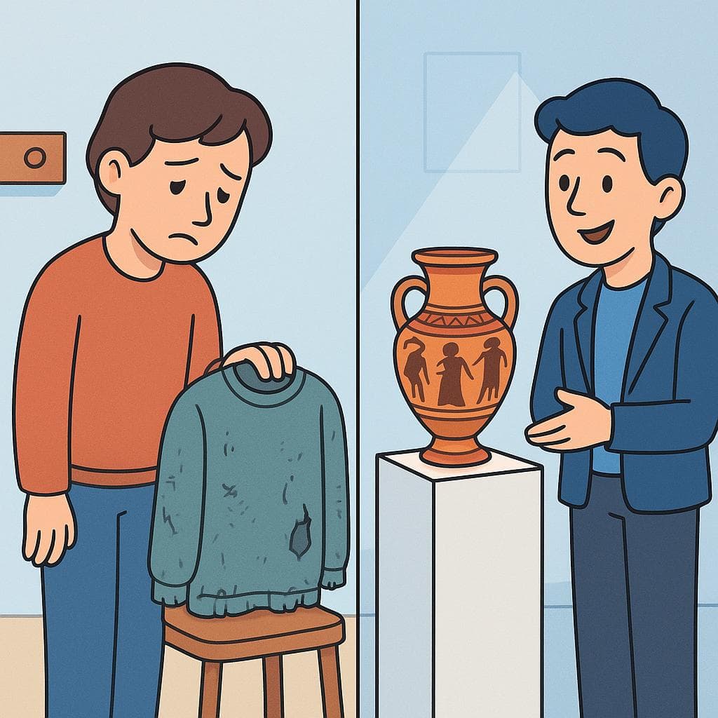 낡은 스웨터('viejo')와 고대 그리스 도자기('antiguo')를 비교하는 화면 분할 이미지.