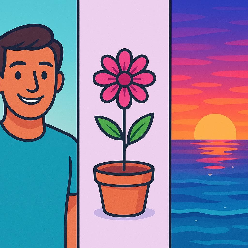 A visual comparison of guapo, bonito, and hermoso. A handsome man, a pretty flower, and a beautiful sunset.