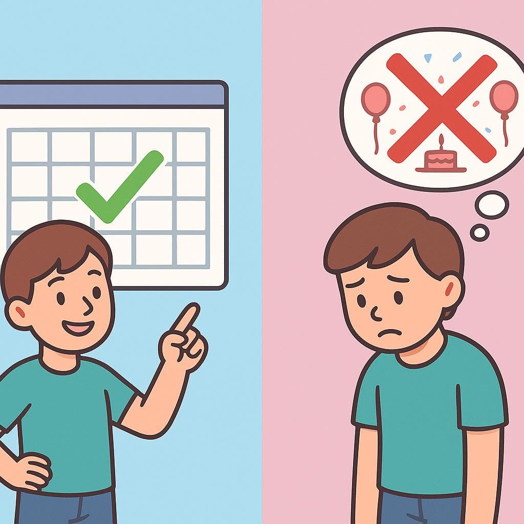 Split-screen showing Future Perfect (a confident look towards a future completed task) vs Conditional Perfect (a regretful look at a past missed opportunity).